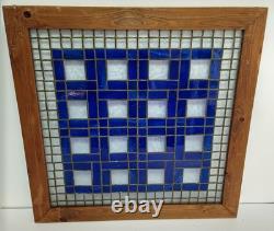 Vintage Hand Crafted Stained Glass Art Window Panel, Blue & Clear, 20 x 20