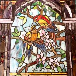 Vintage Hand Crafted TIFFANY Style LOVE BIRD Parrots Stained Glass Panel Window
