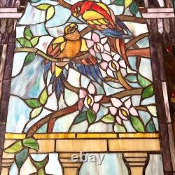 Vintage Hand Crafted TIFFANY Style LOVE BIRD Parrots Stained Glass Panel Window
