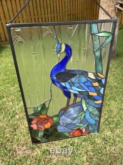 Vintage Handcrafted Stained Glass Peacock Window Panel Metal Frame 13x21 READ