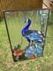 Vintage Handcrafted Stained Glass Peacock Window Panel Metal Frame 13x21 READ