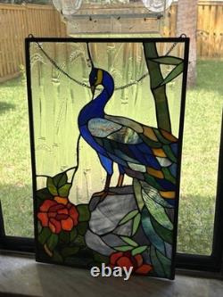 Vintage Handcrafted Stained Glass Peacock Window Panel Metal Frame 13x21 READ
