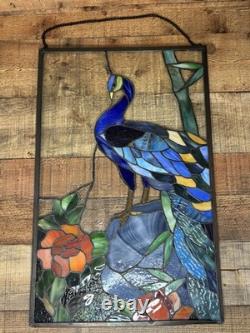 Vintage Handcrafted Stained Glass Peacock Window Panel Metal Frame 13x21 READ