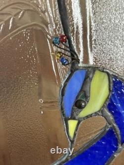 Vintage Handcrafted Stained Glass Peacock Window Panel Metal Frame 13x21 READ