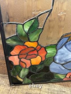 Vintage Handcrafted Stained Glass Peacock Window Panel Metal Frame 13x21 READ