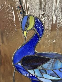 Vintage Handcrafted Stained Glass Peacock Window Panel Metal Frame 13x21 READ