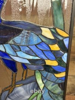 Vintage Handcrafted Stained Glass Peacock Window Panel Metal Frame 13x21 READ