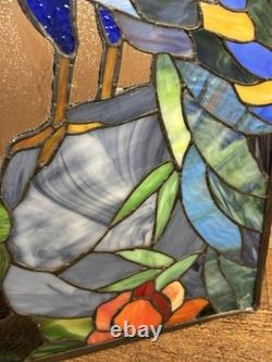 Vintage Handcrafted Stained Glass Peacock Window Panel Metal Frame 13x21 READ