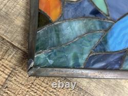 Vintage Handcrafted Stained Glass Peacock Window Panel Metal Frame 13x21 READ