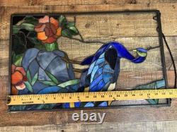 Vintage Handcrafted Stained Glass Peacock Window Panel Metal Frame 13x21 READ