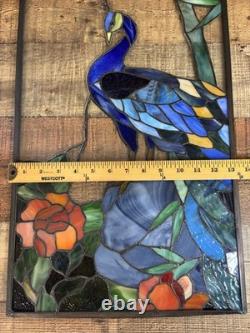 Vintage Handcrafted Stained Glass Peacock Window Panel Metal Frame 13x21 READ