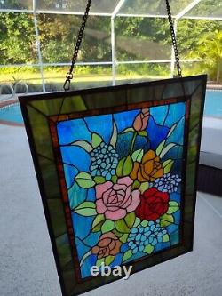 Vintage Handcrafted Stained Glass Window Panel Leaded 25 X 19