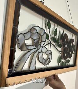 Vintage Handmade 1970 Stained Glass Hanging Flower Ribbon Framed Window Panel