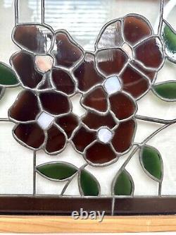 Vintage Handmade 1970 Stained Glass Hanging Flower Ribbon Framed Window Panel