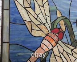 Vintage Handmade Stained Glass Dragonfly Window 27 X 21 See Pics For Condition