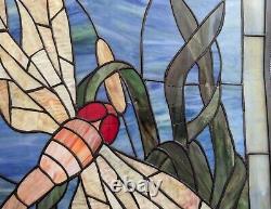 Vintage Handmade Stained Glass Dragonfly Window 27 X 21 See Pics For Condition