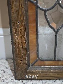 Vintage Hanging Stained Glass Window Pane Panel With Wood Frame 10 x 28 x 1