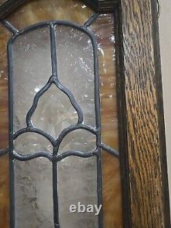 Vintage Hanging Stained Glass Window Pane Panel With Wood Frame 10 x 28 x 1