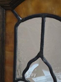 Vintage Hanging Stained Glass Window Pane Panel With Wood Frame 10 x 28 x 1