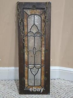 Vintage Hanging Stained Glass Window Pane Panel With Wood Frame 10 x 28 x 1