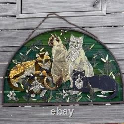 Vintage Joan Baker Tiffany Cat Stained Glass Hanging Window Panel 21.5x13.75