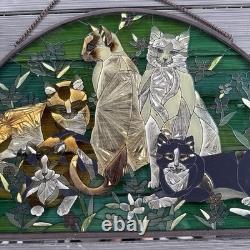 Vintage Joan Baker Tiffany Cat Stained Glass Hanging Window Panel 21.5x13.75