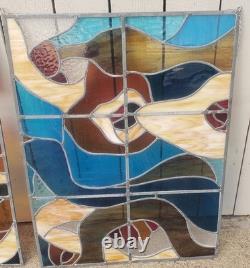 Vintage LARGE 23 X31in. 1970's Abstract Stained Glass Panel Sun Catcher W Chains