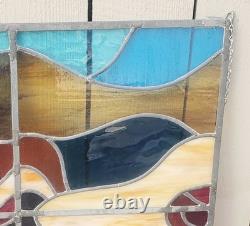 Vintage LARGE 23 X31in. 1970's Abstract Stained Glass Panel Sun Catcher W Chains