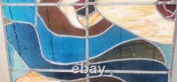 Vintage LARGE 23 X31in. 1970's Abstract Stained Glass Panel Sun Catcher W Chains