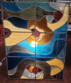 Vintage LARGE 23 X31in. 1970's Abstract Stained Glass Panel Sun Catcher W Chains