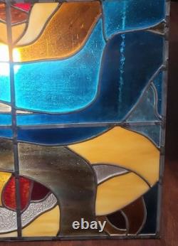 Vintage LARGE 23 X31in. 1970's Abstract Stained Glass Panel Sun Catcher W Chains