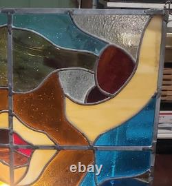 Vintage LARGE 23 X31in. 1970's Abstract Stained Glass Panel Sun Catcher W Chains