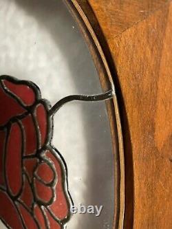 Vintage Large 23 X 19Leaded Stained Glass Rose Suncatcher Oak Wood Frame Panel