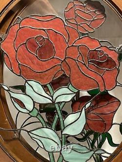 Vintage Large 23 X 19Leaded Stained Glass Rose Suncatcher Oak Wood Frame Panel