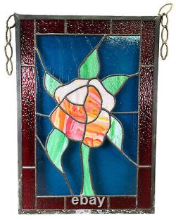 Vintage Large Floral Stained Glass Panel Suncatcher Art Deco Flower 20.5 x 14.5