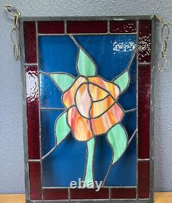 Vintage Large Floral Stained Glass Panel Suncatcher Art Deco Flower 20.5 x 14.5