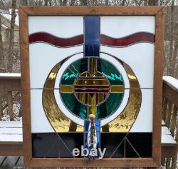 Vintage Large Framed Stained-Glass Window Panel Native American 31X27