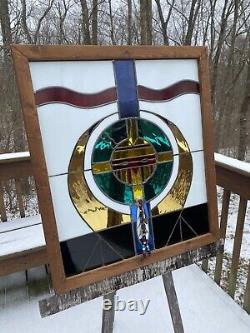 Vintage Large Framed Stained-Glass Window Panel Native American 31X27