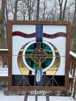 Vintage Large Framed Stained-Glass Window Panel Native American 31X27