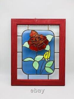 Vintage Large Red Rose Stained Glass Window Panel Dedicated & Etched