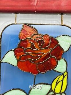 Vintage Large Red Rose Stained Glass Window Panel Dedicated & Etched