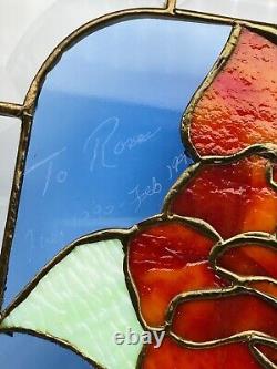 Vintage Large Red Rose Stained Glass Window Panel Dedicated & Etched