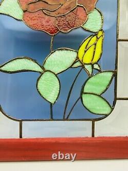 Vintage Large Red Rose Stained Glass Window Panel Dedicated & Etched