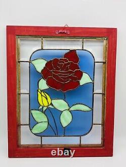 Vintage Large Red Rose Stained Glass Window Panel Dedicated & Etched