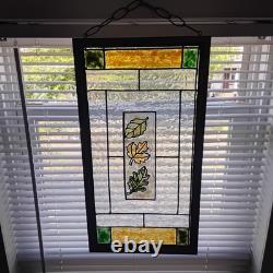 Vintage Lead Stained Glass Window 11 1/8 W × 21 1/4 L Oak Leaves 1930-40
