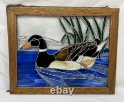 Vintage Leaded Slag Stained Glass Mallard Duck Window Panel Solid Oak Frame 22.5