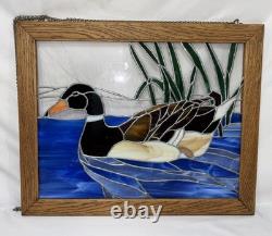 Vintage Leaded Slag Stained Glass Mallard Duck Window Panel Solid Oak Frame 22.5