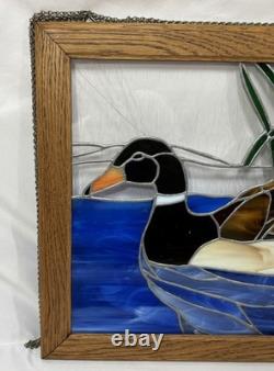 Vintage Leaded Slag Stained Glass Mallard Duck Window Panel Solid Oak Frame 22.5