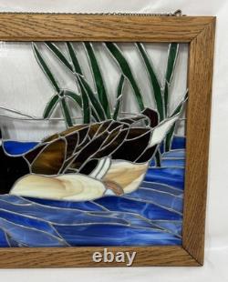 Vintage Leaded Slag Stained Glass Mallard Duck Window Panel Solid Oak Frame 22.5