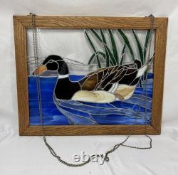 Vintage Leaded Slag Stained Glass Mallard Duck Window Panel Solid Oak Frame 22.5